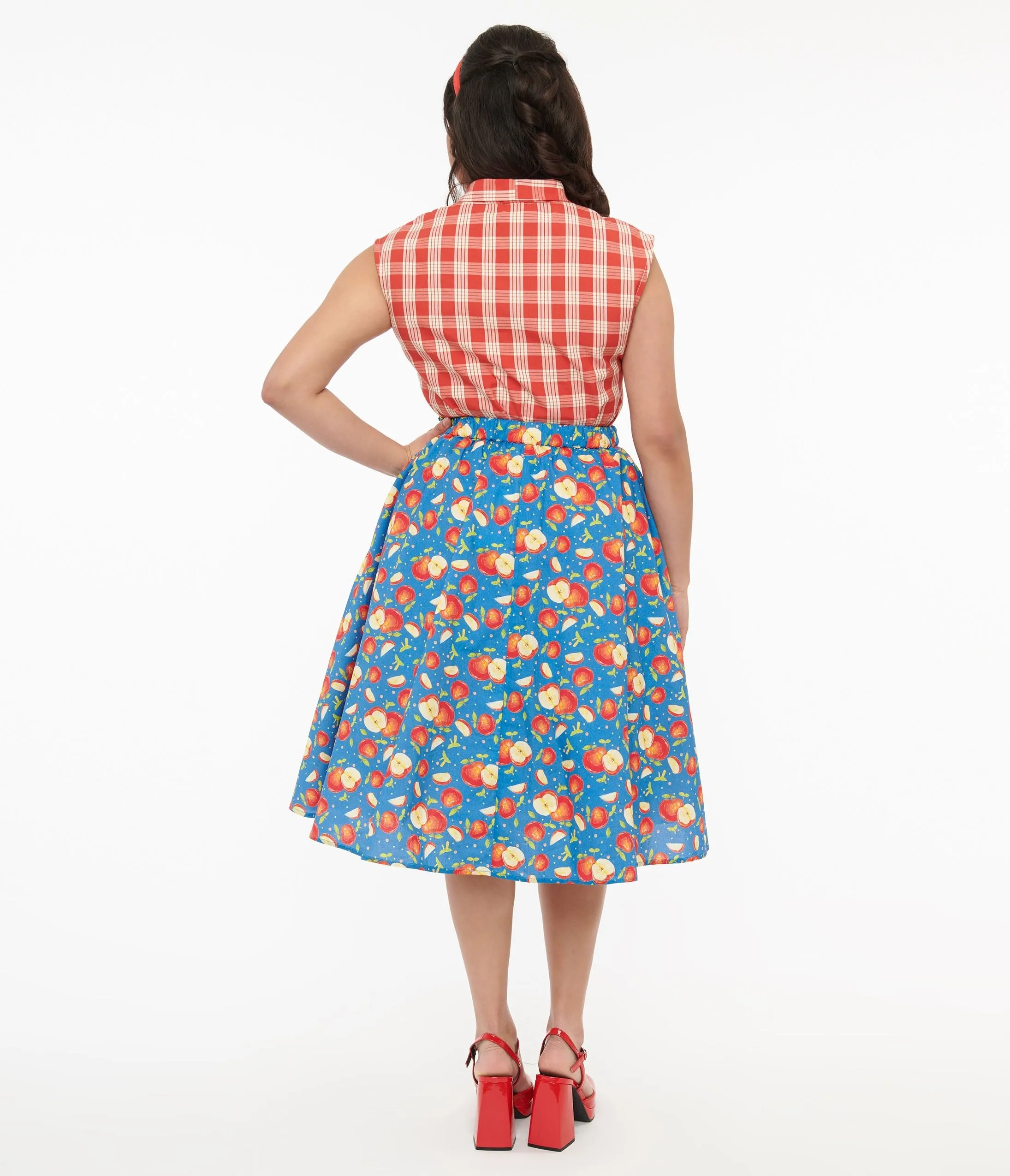 1950s Blue & Red Apple Print Swing Skirt