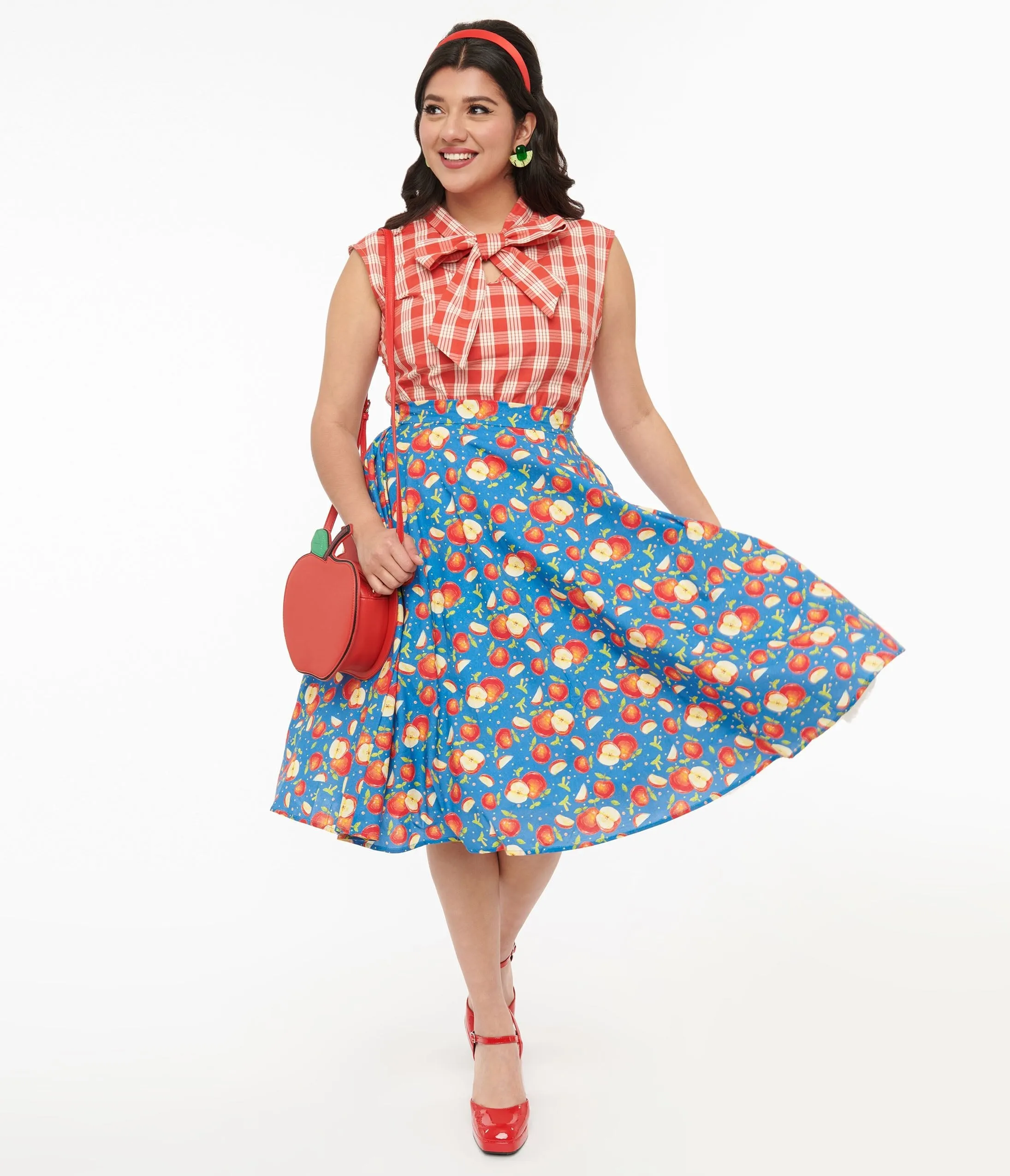 1950s Blue & Red Apple Print Swing Skirt