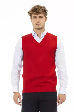 Alpha Studio Elegant V-Neck Red Vest in Fine Rib Knit