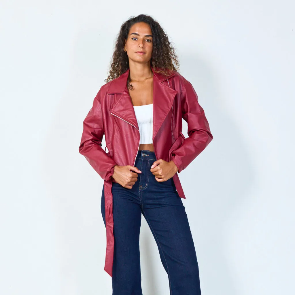 Asymmetrical belted biker jacket wholesale