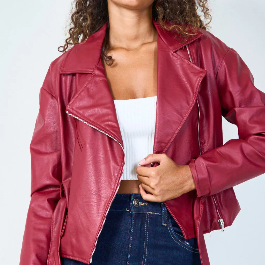 Asymmetrical belted biker jacket wholesale