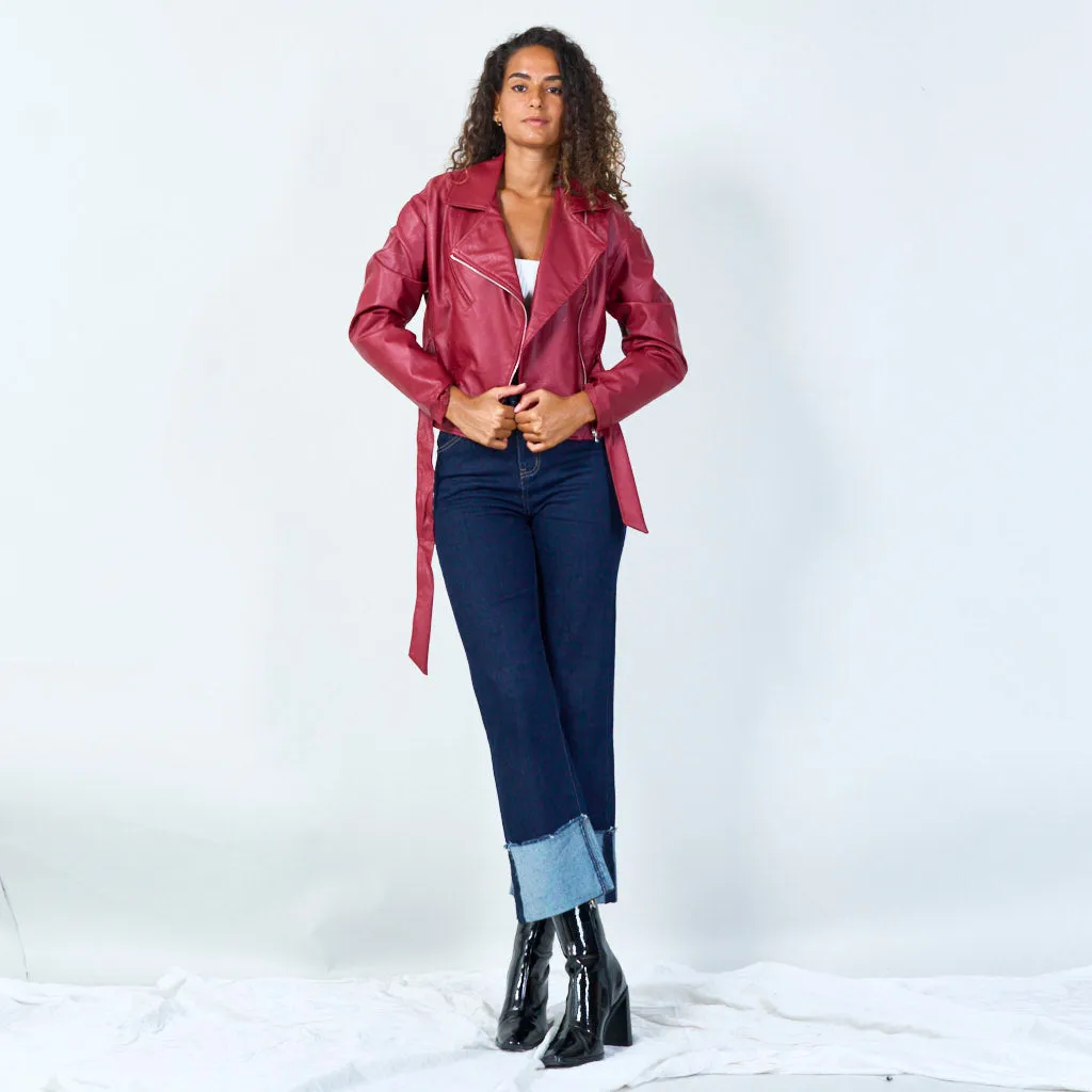 Asymmetrical belted biker jacket wholesale