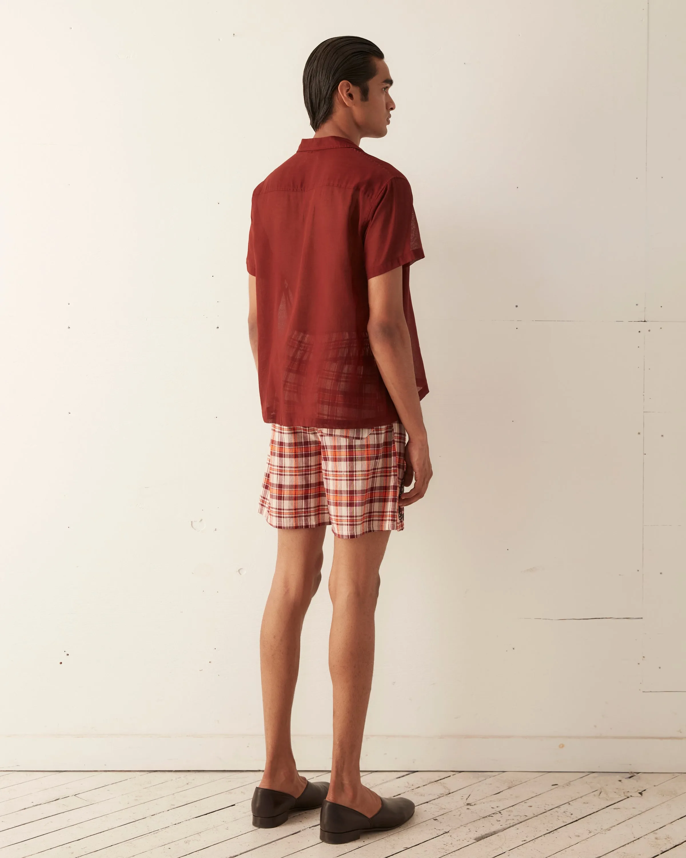 Beaded Floral Madras Shorts - Red