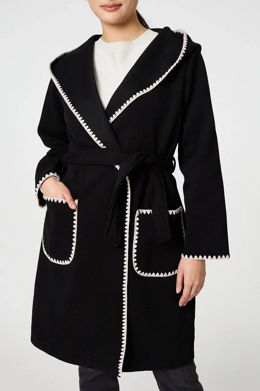 Blanket Stitch Tie Waist Longline Coat