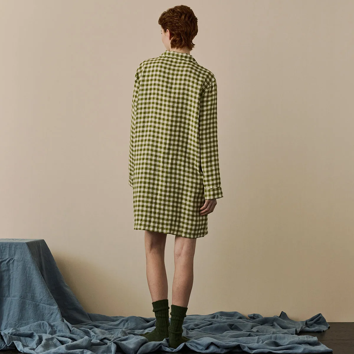 Botanical Green Gingham Linen Night Shirt