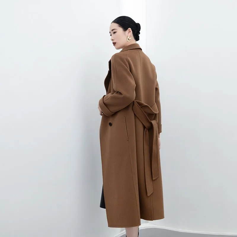 Camel Double Breasted Wool Coats with Belt