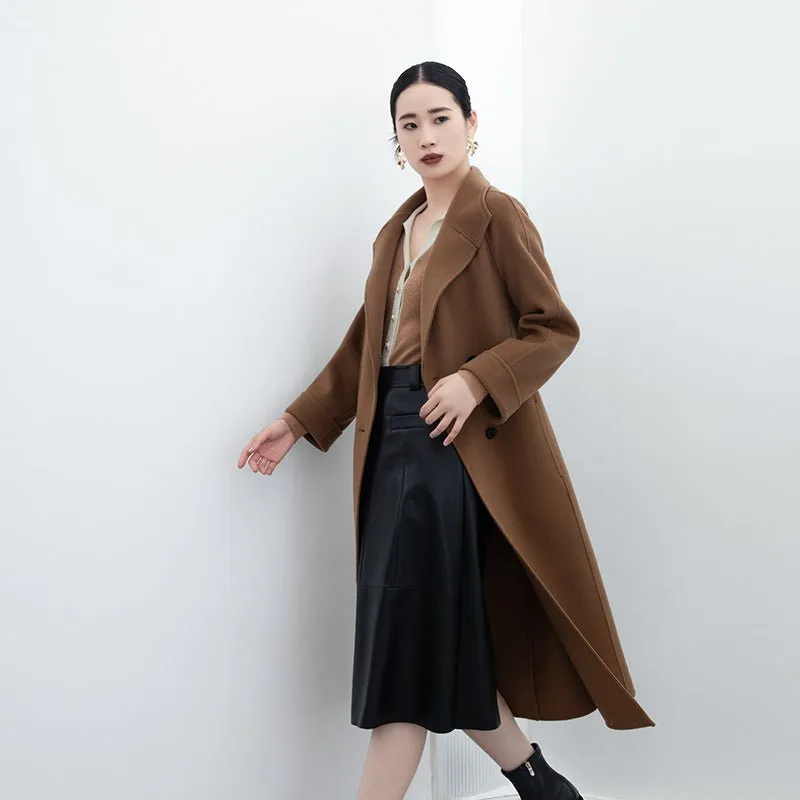 Camel Double Breasted Wool Coats with Belt