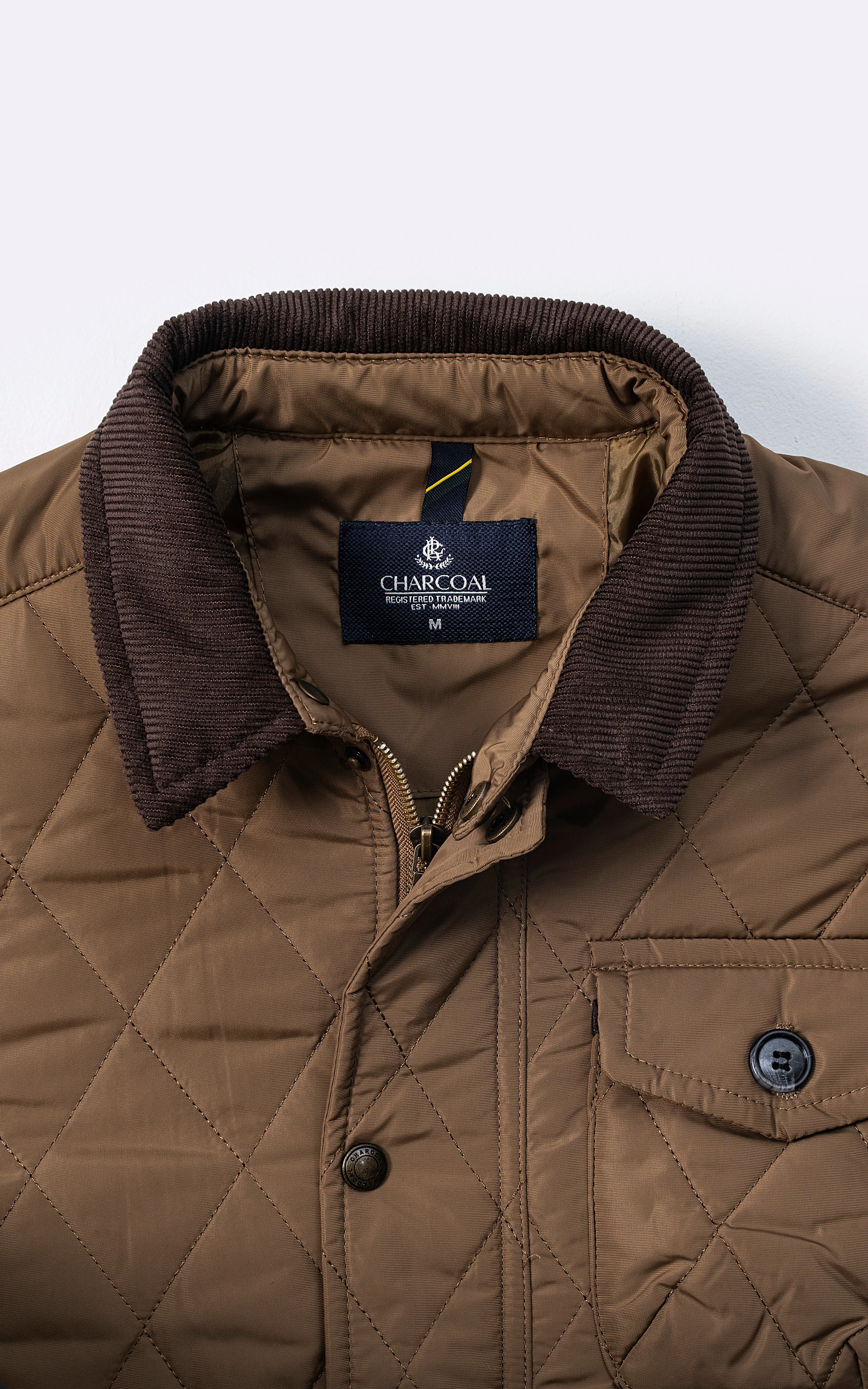 CORDUROY COLLAR QUILTED JACKET FULL SLEEVE KHAKI