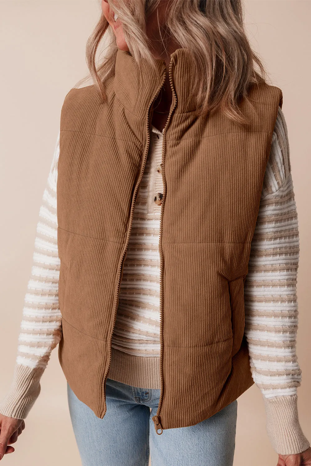 Corduroy Stand Neck Zipped Puffer Vest