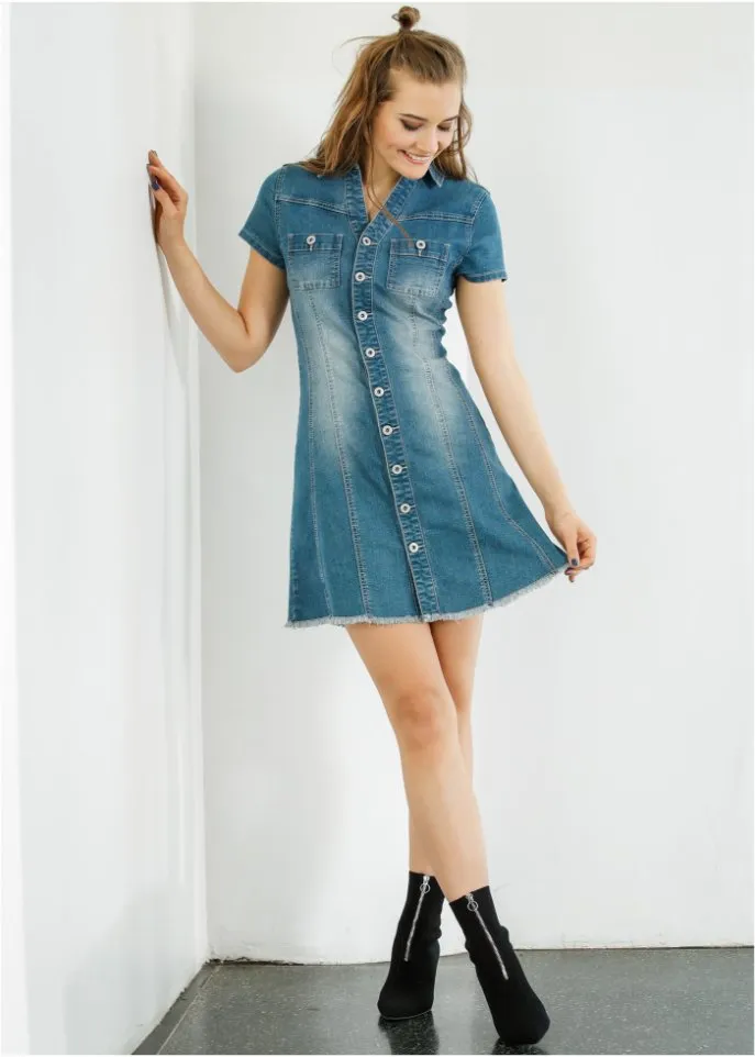 Denim dress with Rainbow buttons, blue