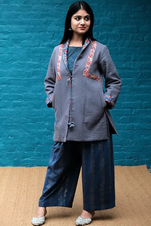 Dharan"Blue Side Yoke Quilted Jacket" Blue-Grey Block Printed Reversible Jacket