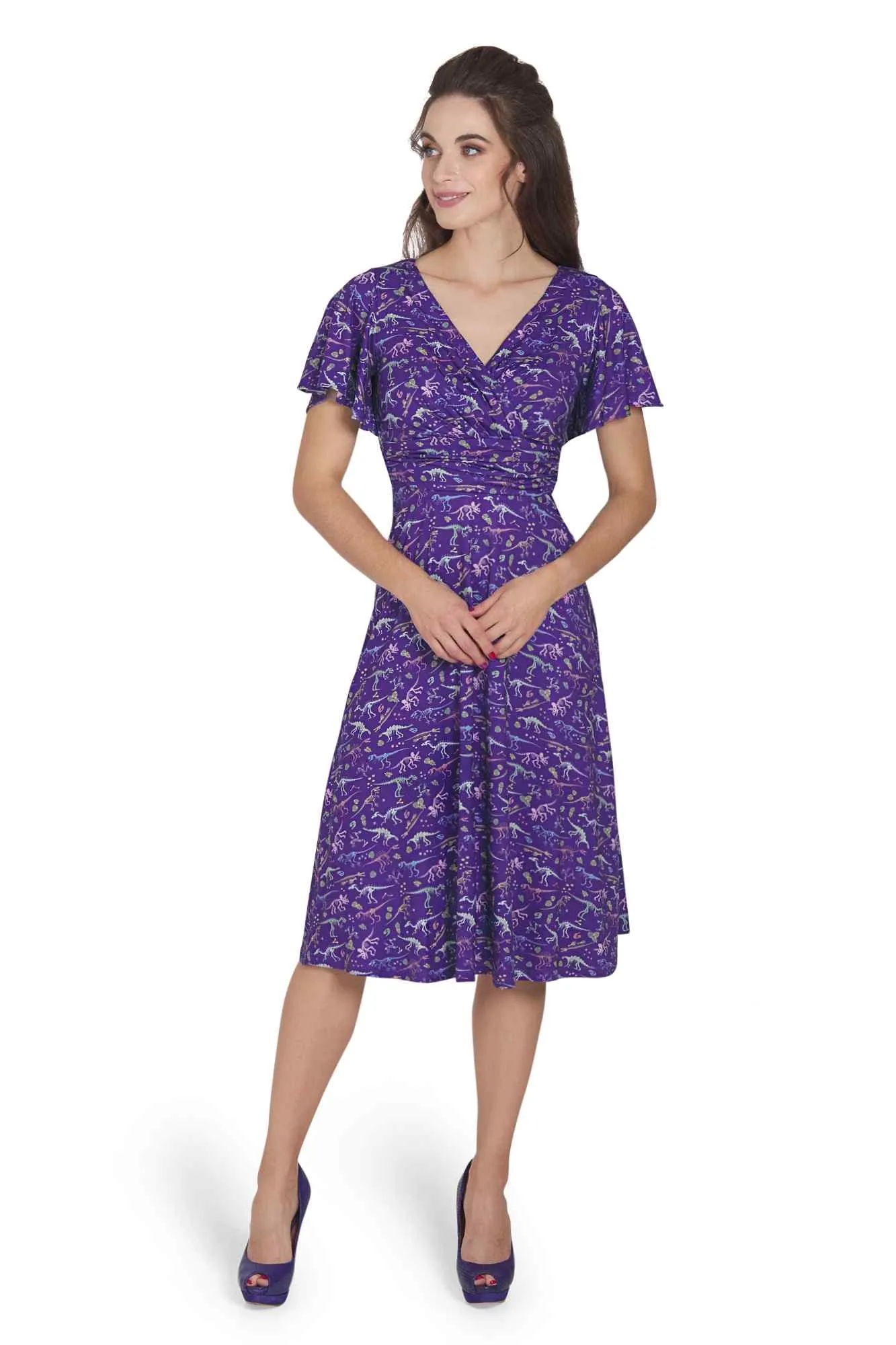 Donna Crossover Bust Purple Dinosaur Fossil Dress