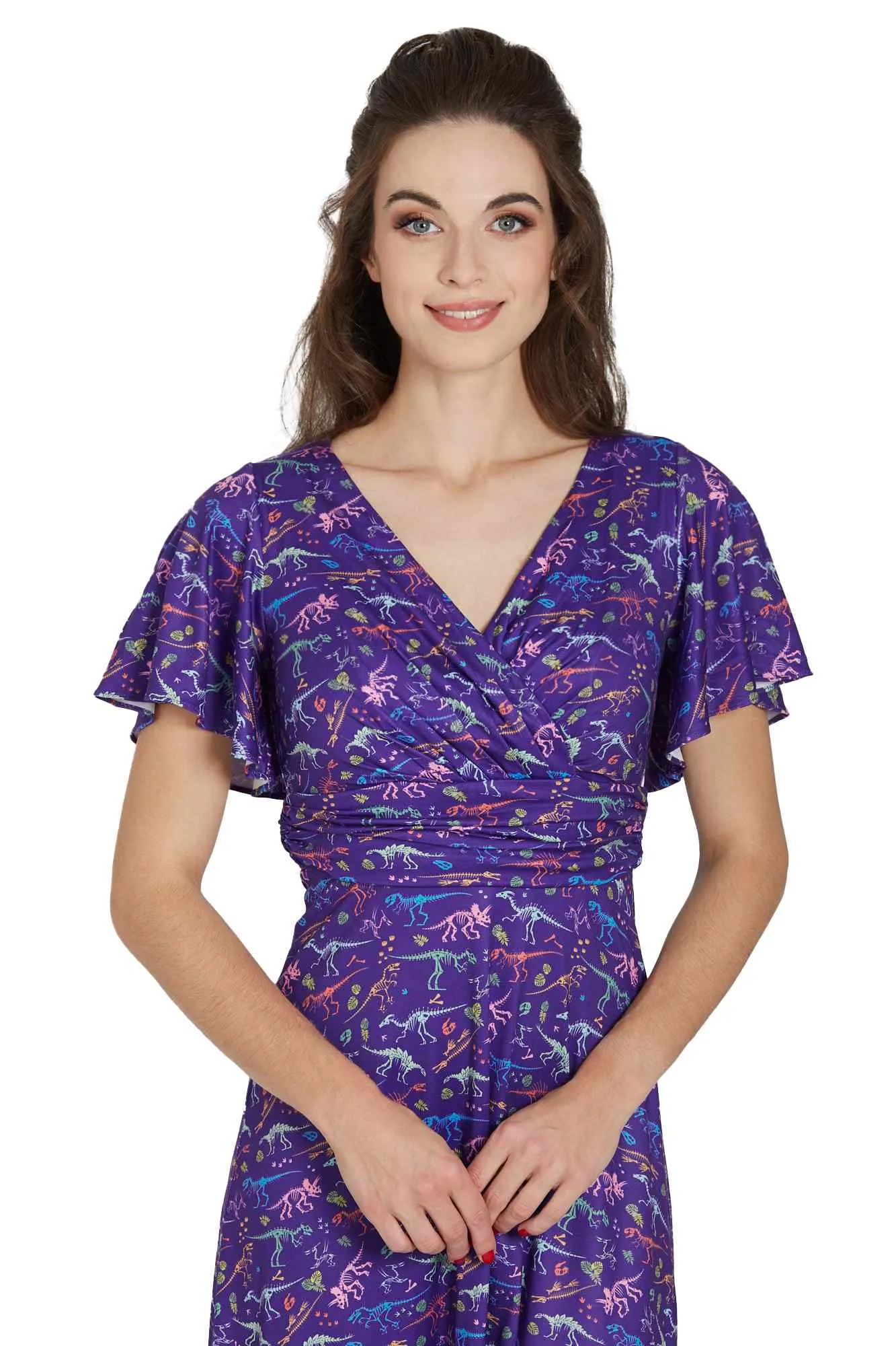 Donna Crossover Bust Purple Dinosaur Fossil Dress