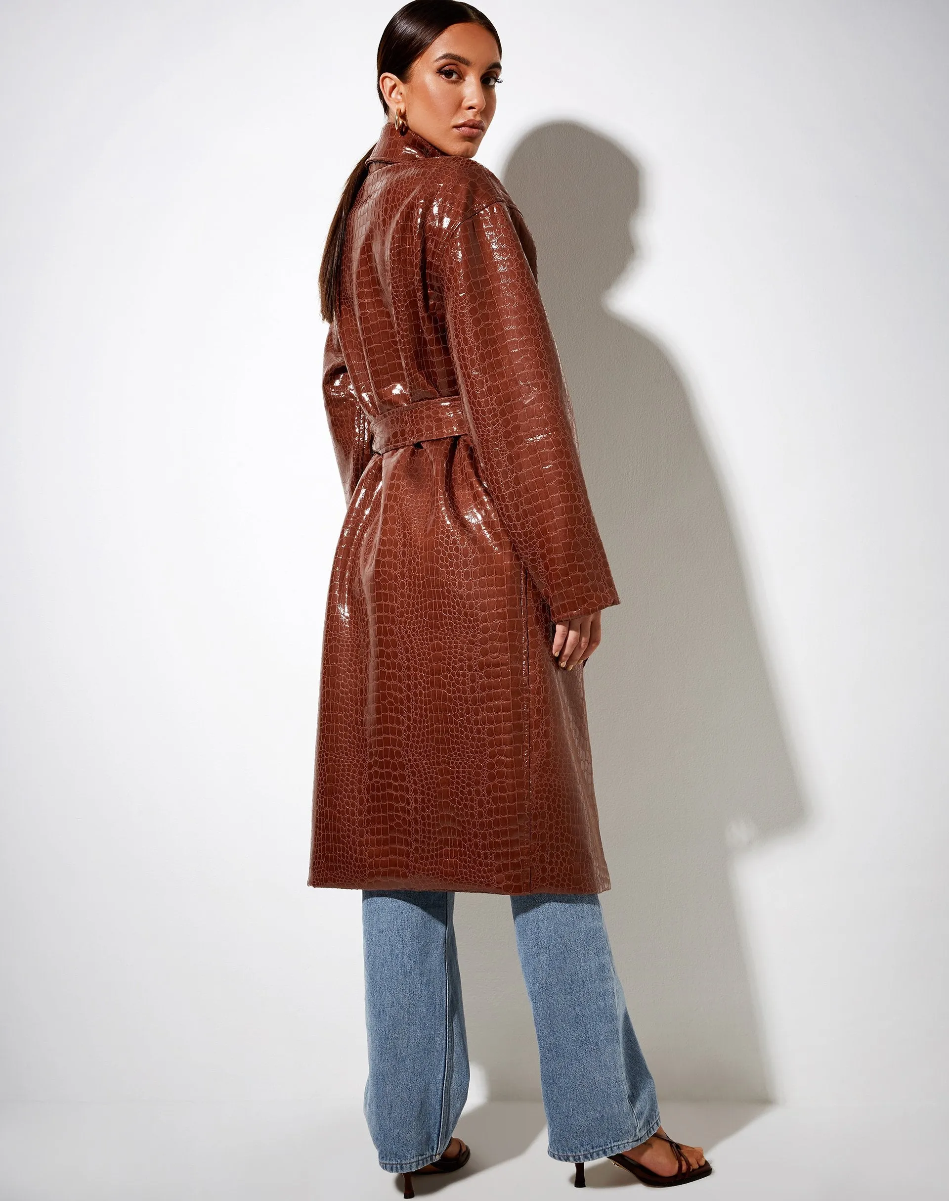 Duster Longline Coat in Croc Pu Brown