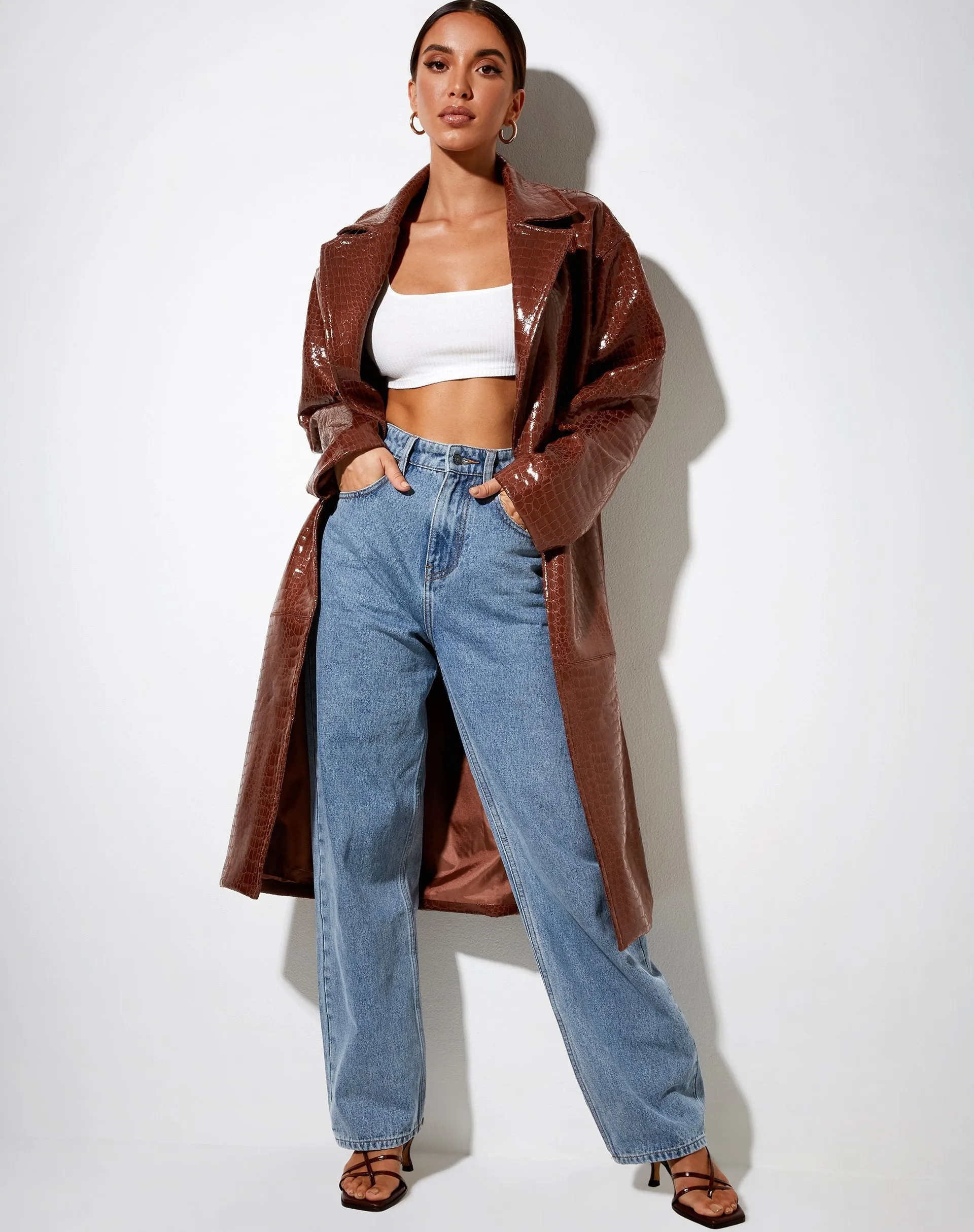 Duster Longline Coat in Croc Pu Brown