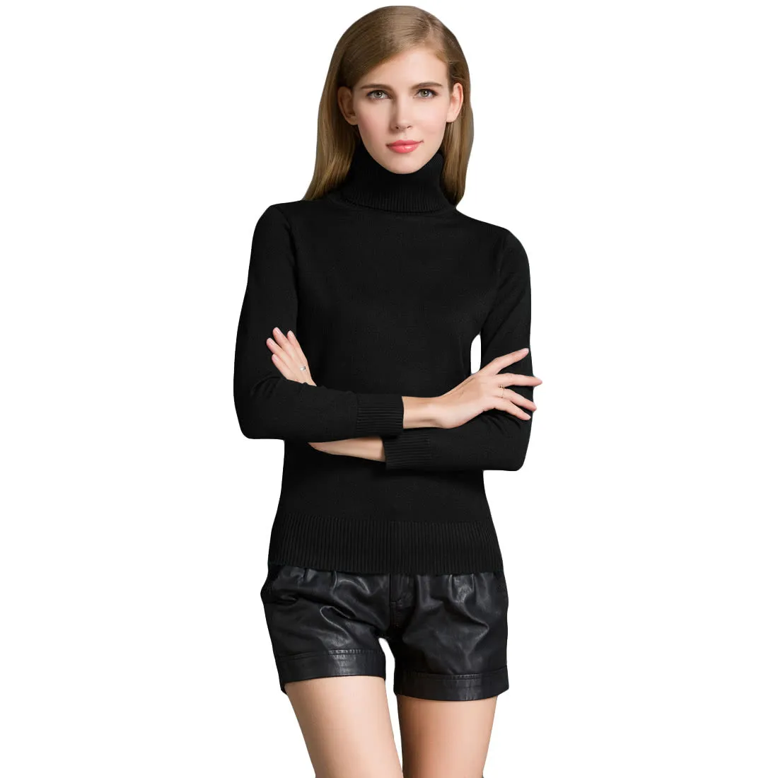 Fashion Winter Women Sweater Knitwear Turtle Neck Long SleevesRibbed Knitted Pullover Tops