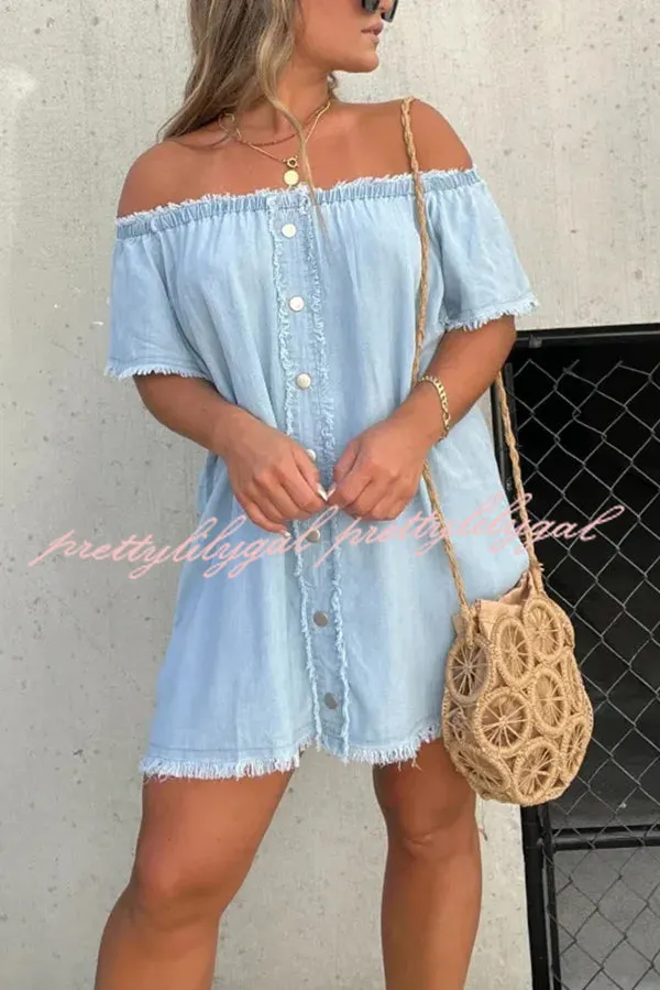 Fashionable Off Shoulder Short-sleeved Loose Denim Mini Dress