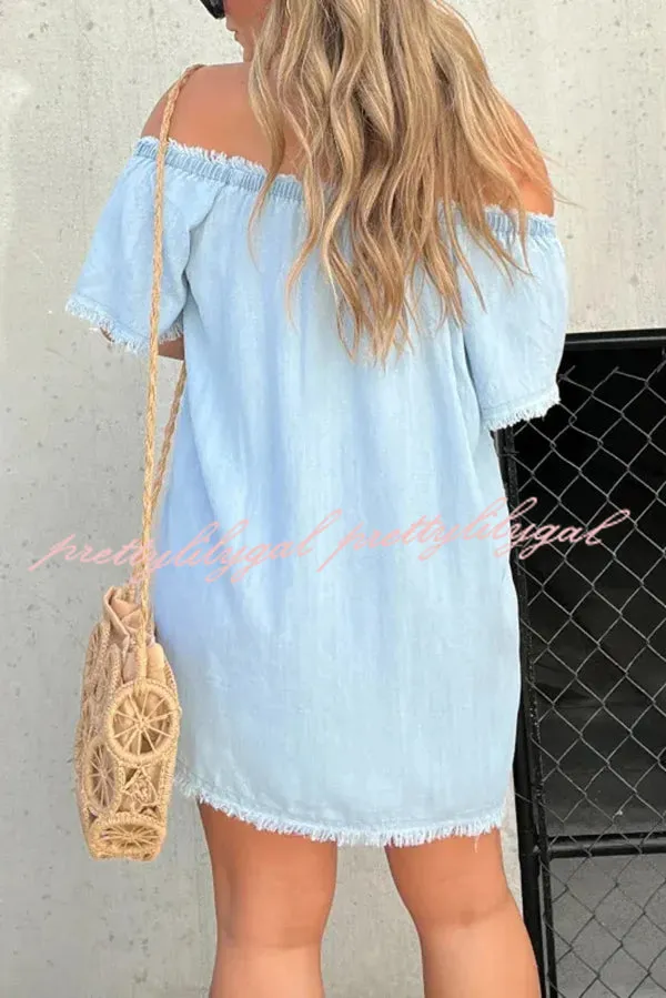 Fashionable Off Shoulder Short-sleeved Loose Denim Mini Dress