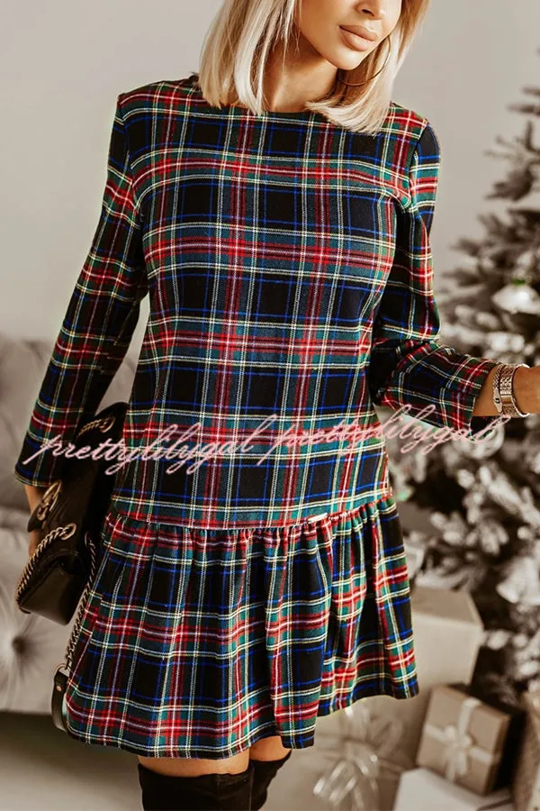 Fashionable Plaid Print Long Sleeve Round Neck Slim Fit Mini Dress