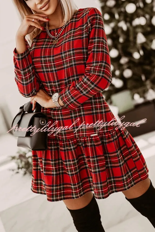 Fashionable Plaid Print Long Sleeve Round Neck Slim Fit Mini Dress