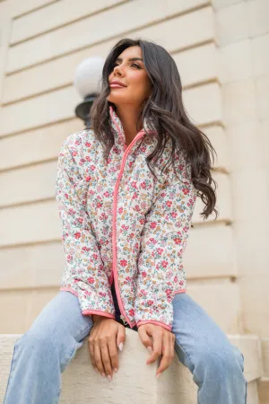 Field Of Florals Ivory and Pink Multi Quilted Floral Jacket