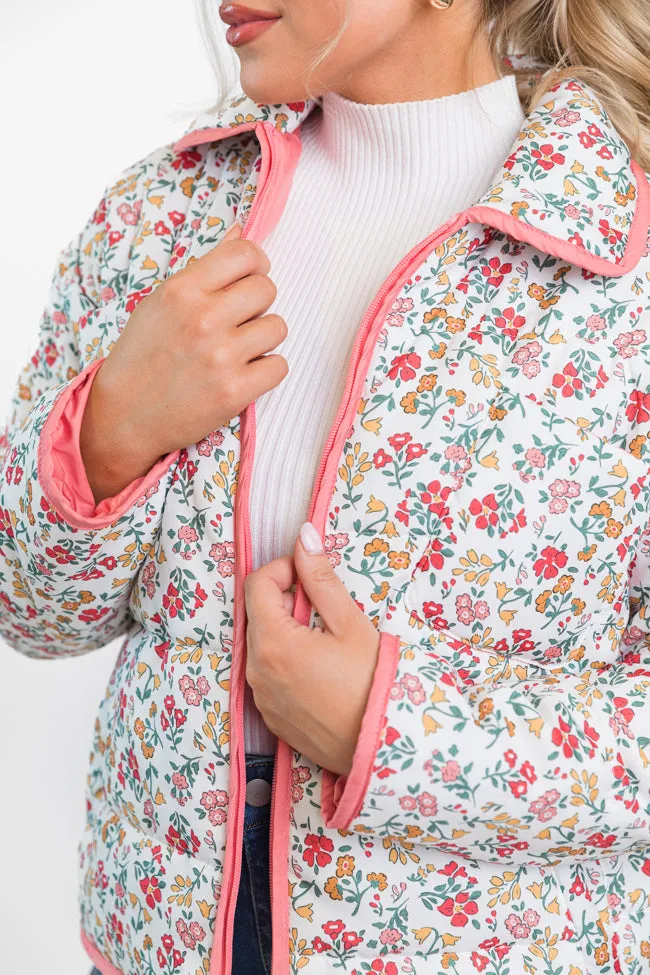 Field Of Florals Ivory and Pink Multi Quilted Floral Jacket