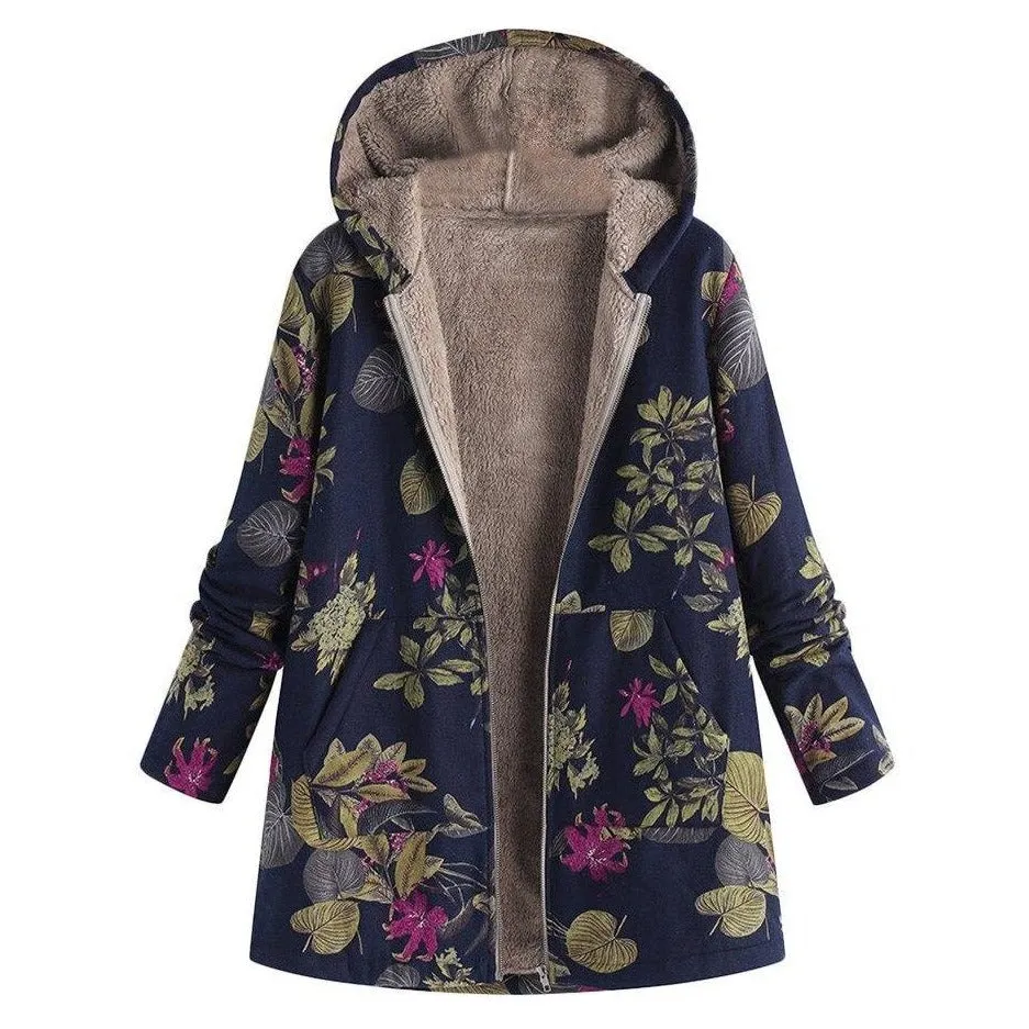 Floral Canvas Style Women's Coat: Bold Print with a fluffy inner lining