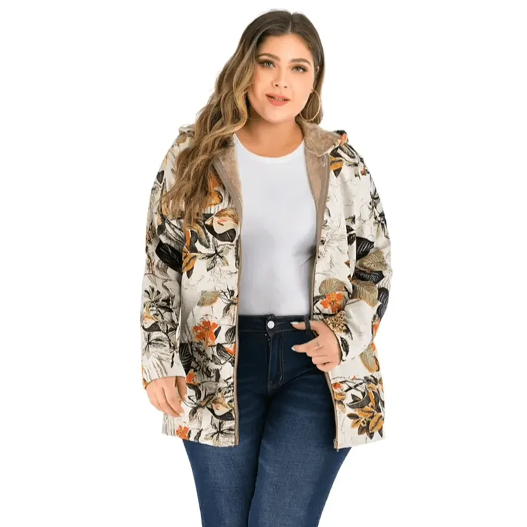 Floral Canvas Style Women's Coat: Bold Print with a fluffy inner lining