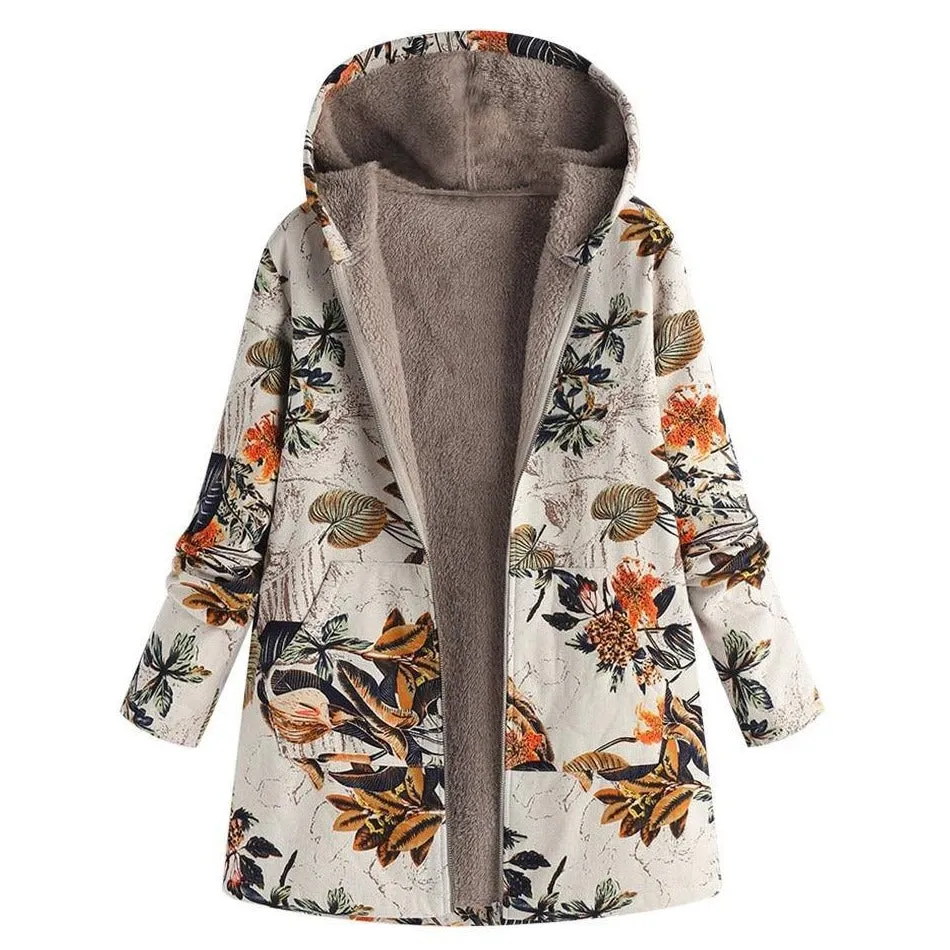 Floral Canvas Style Women's Coat: Bold Print with a fluffy inner lining