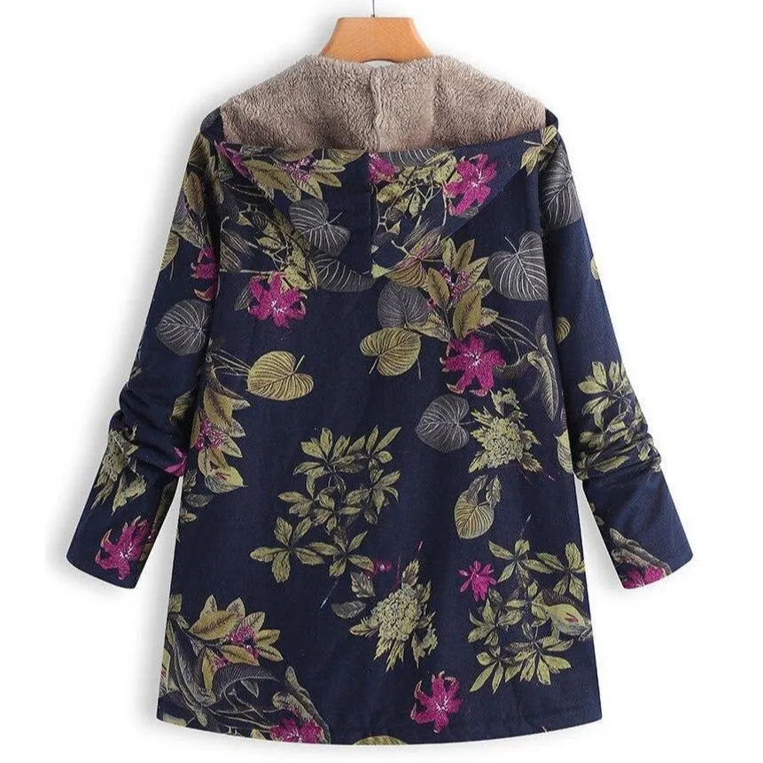 Floral Canvas Style Women's Coat: Bold Print with a fluffy inner lining