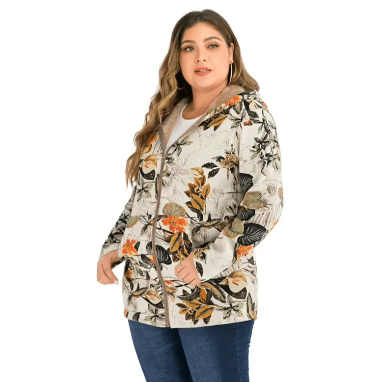 Floral Canvas Style Women's Coat: Bold Print with a fluffy inner lining