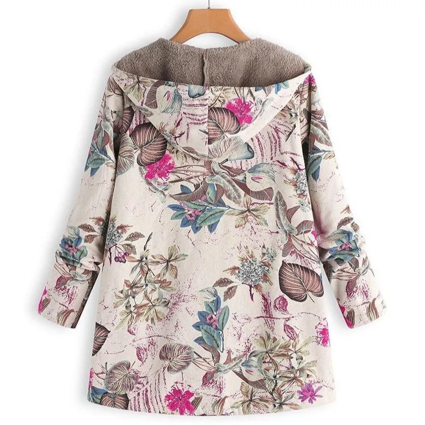 Floral Canvas Style Women's Coat: Bold Print with a fluffy inner lining