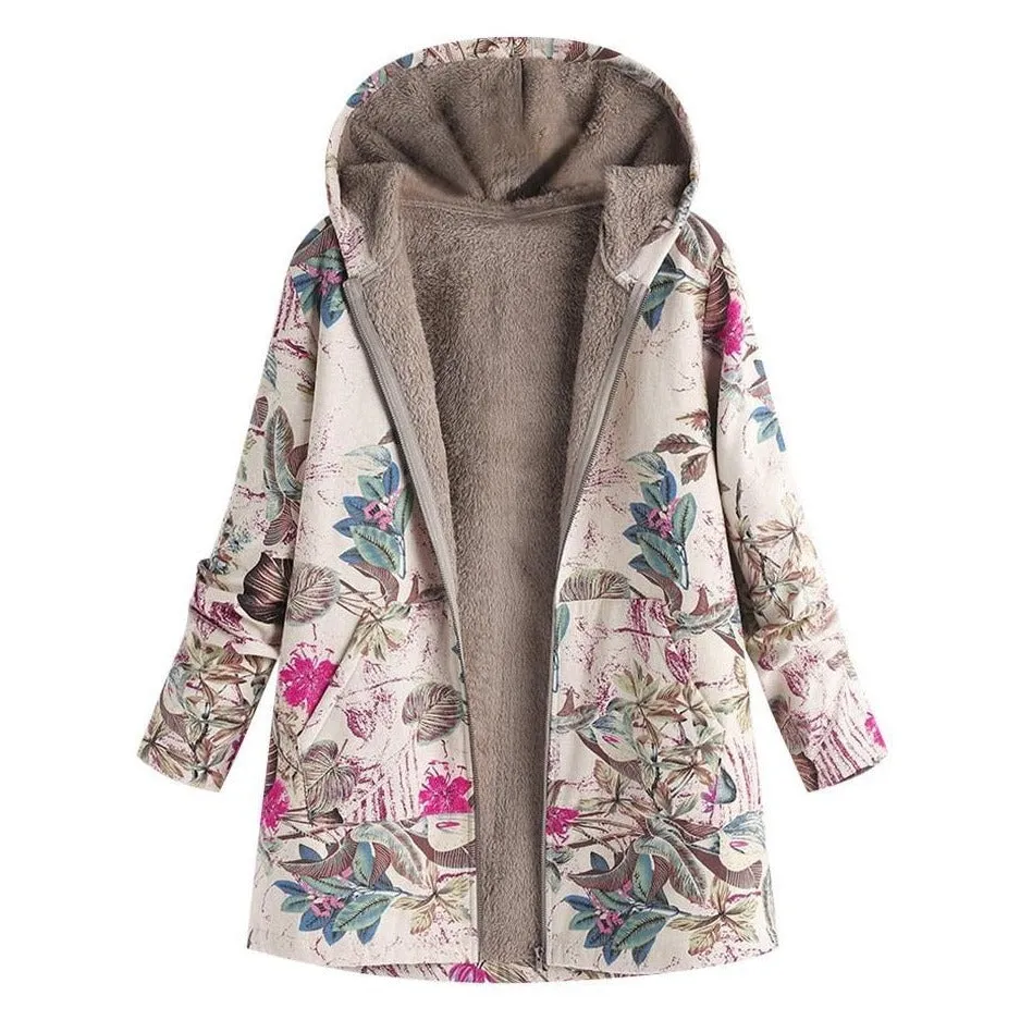 Floral Canvas Style Women's Coat: Bold Print with a fluffy inner lining