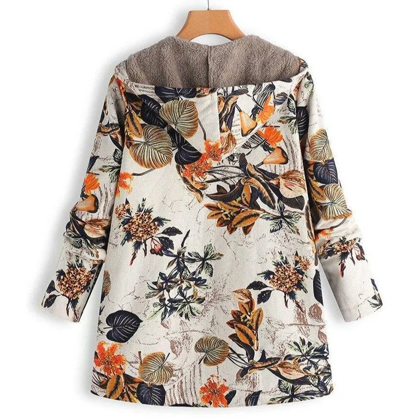 Floral Canvas Style Women's Coat: Bold Print with a fluffy inner lining