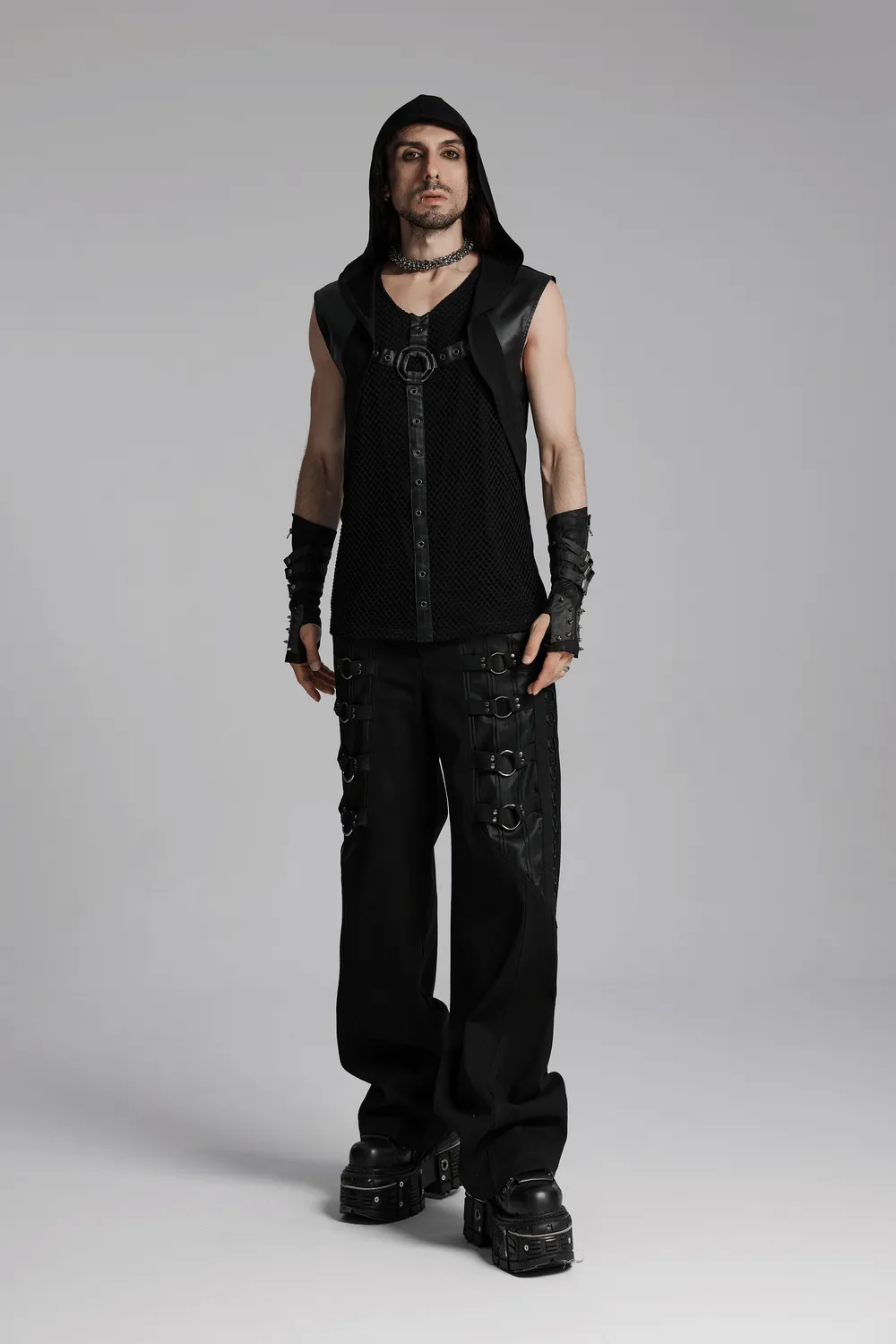 Gothic Hooded Vest with Mesh Details and Metal Accent