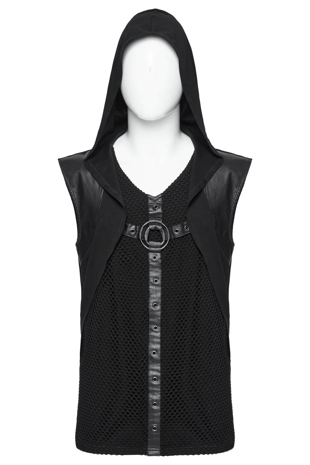 Gothic Hooded Vest with Mesh Details and Metal Accent