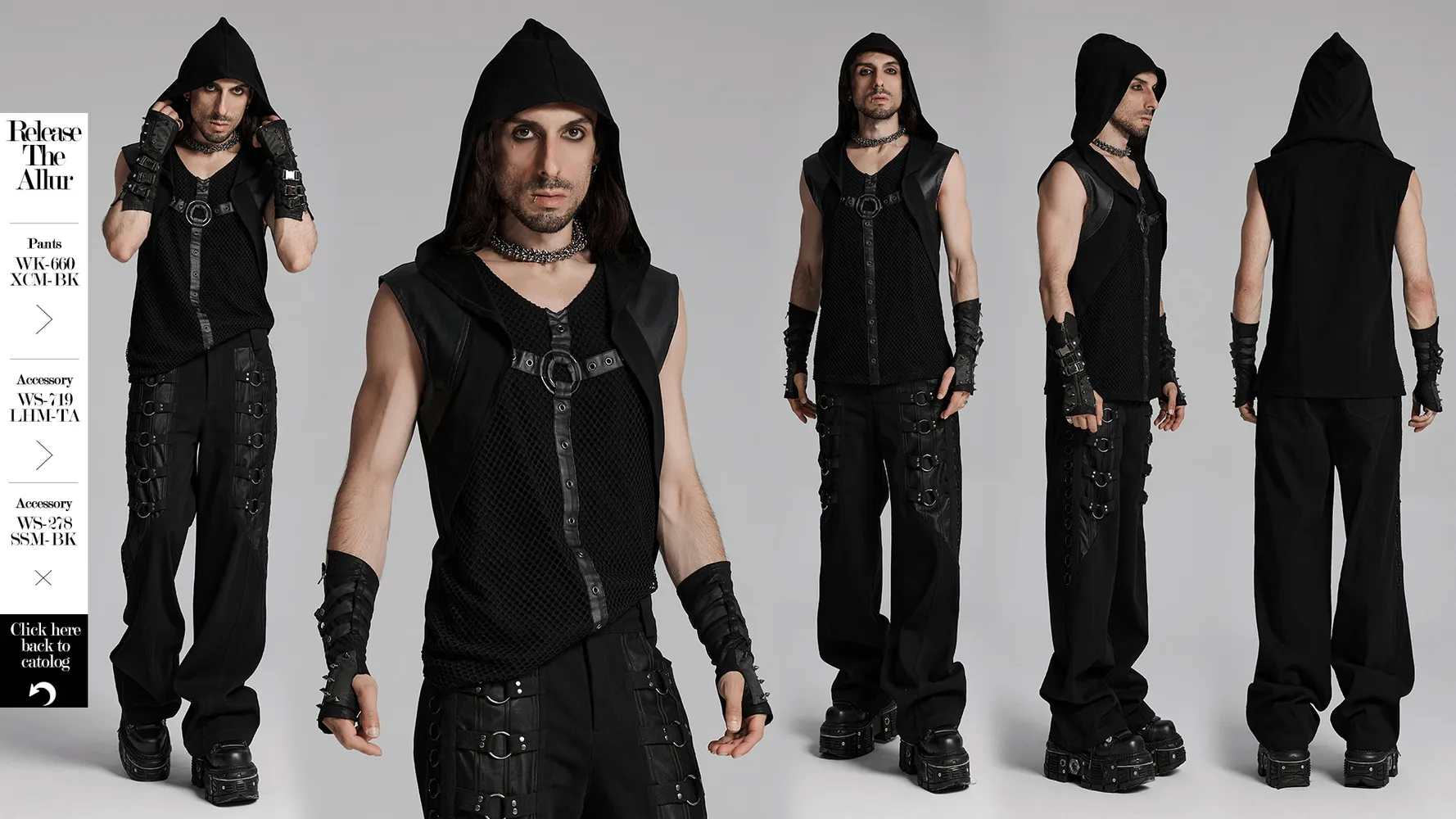 Gothic Hooded Vest with Mesh Details and Metal Accent