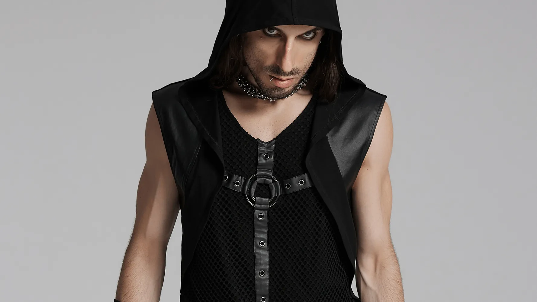 Gothic Hooded Vest with Mesh Details and Metal Accent