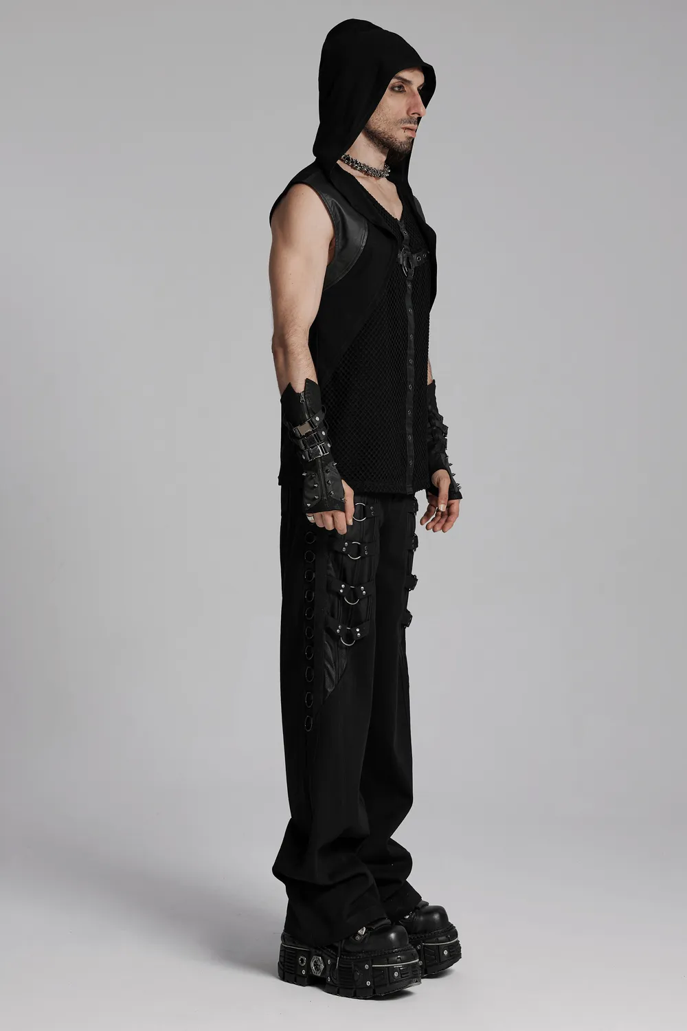 Gothic Hooded Vest with Mesh Details and Metal Accent