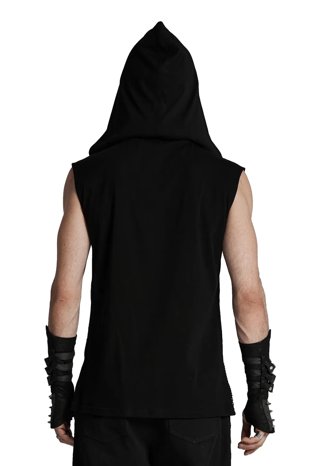 Gothic Hooded Vest with Mesh Details and Metal Accent