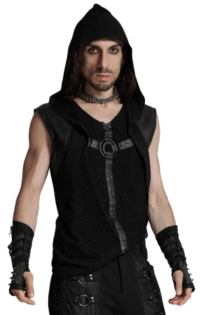 Gothic Hooded Vest with Mesh Details and Metal Accent