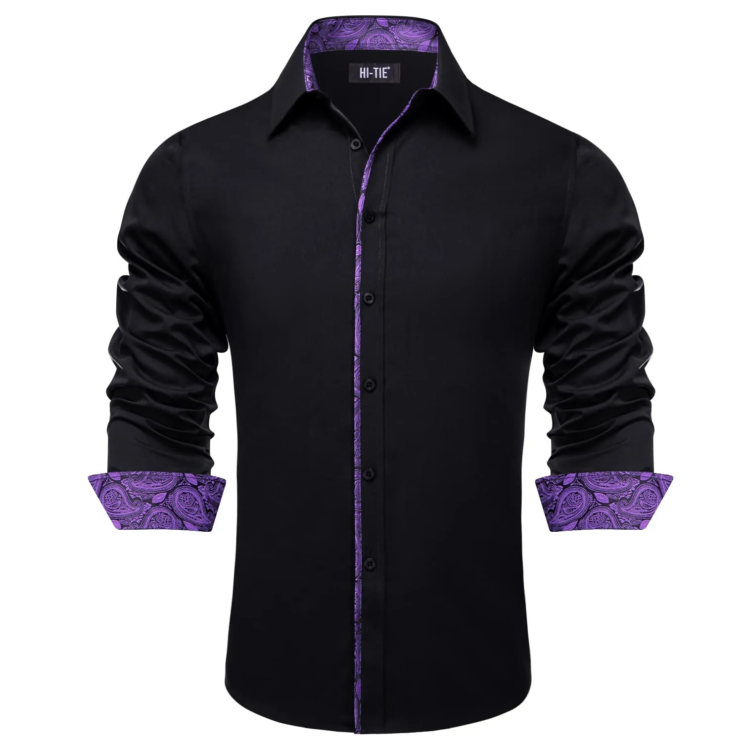 Hi-Tie Black Shirt with Purple Jacquard Collar Solid Shirt