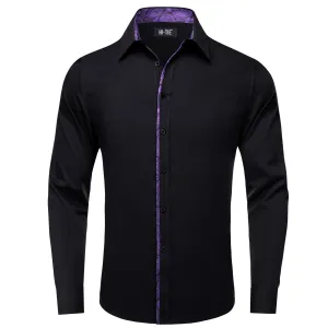 Hi-Tie Black Shirt with Purple Jacquard Collar Solid Shirt