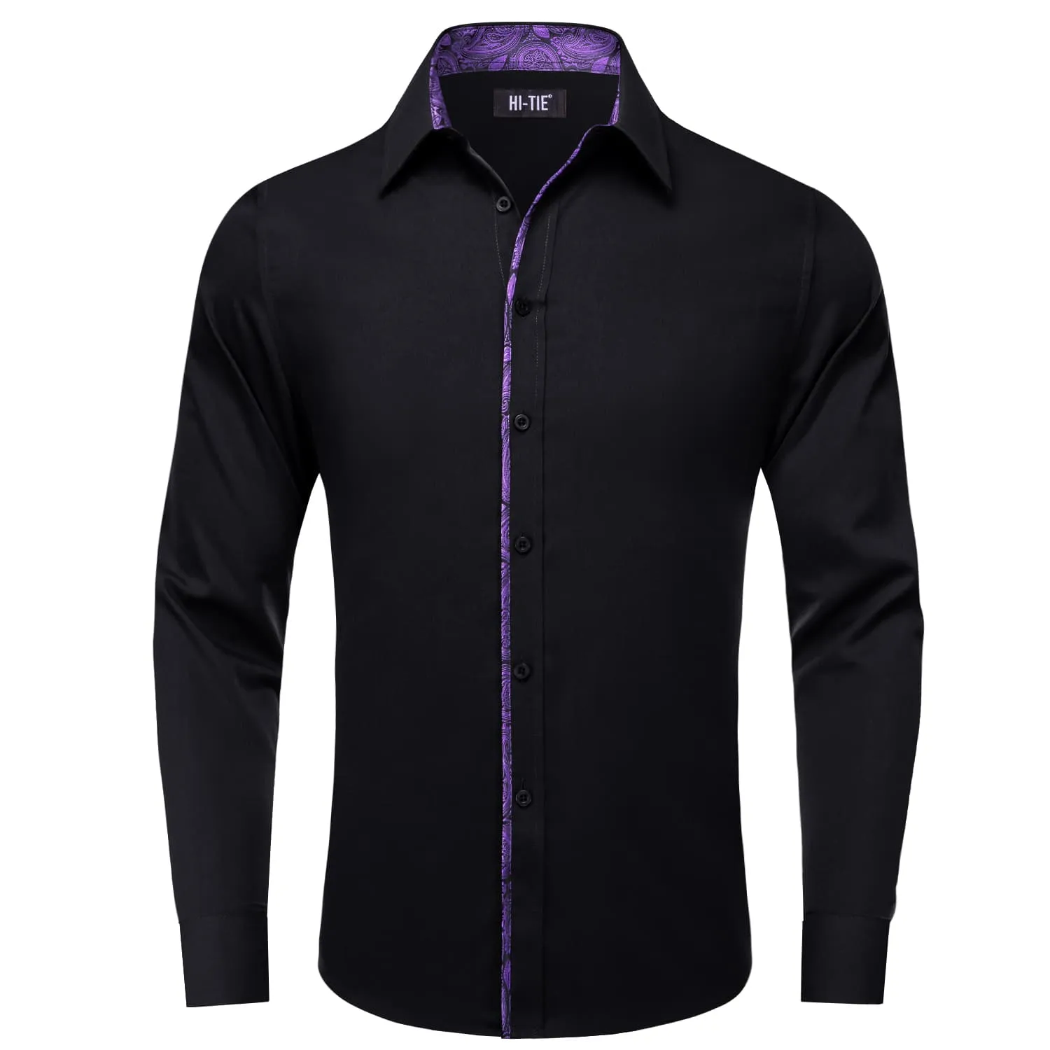 Hi-Tie Black Shirt with Purple Jacquard Collar Solid Shirt