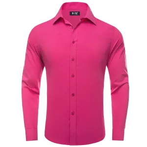 Hi-Tie Mens Dress Shirt Hot Pink Solid Silk Button Down Shirt