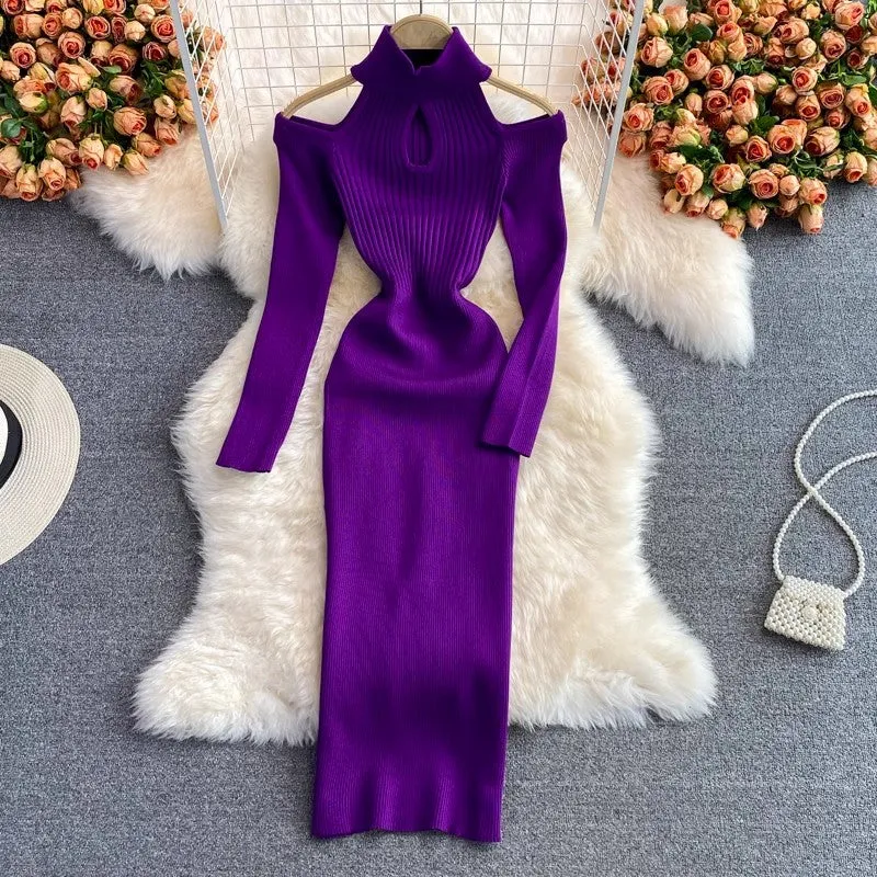 knitted stretch dress women's new strapless sweater dress fashionable long skirt    S4041