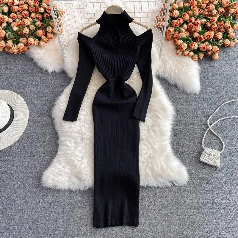 knitted stretch dress women's new strapless sweater dress fashionable long skirt    S4041