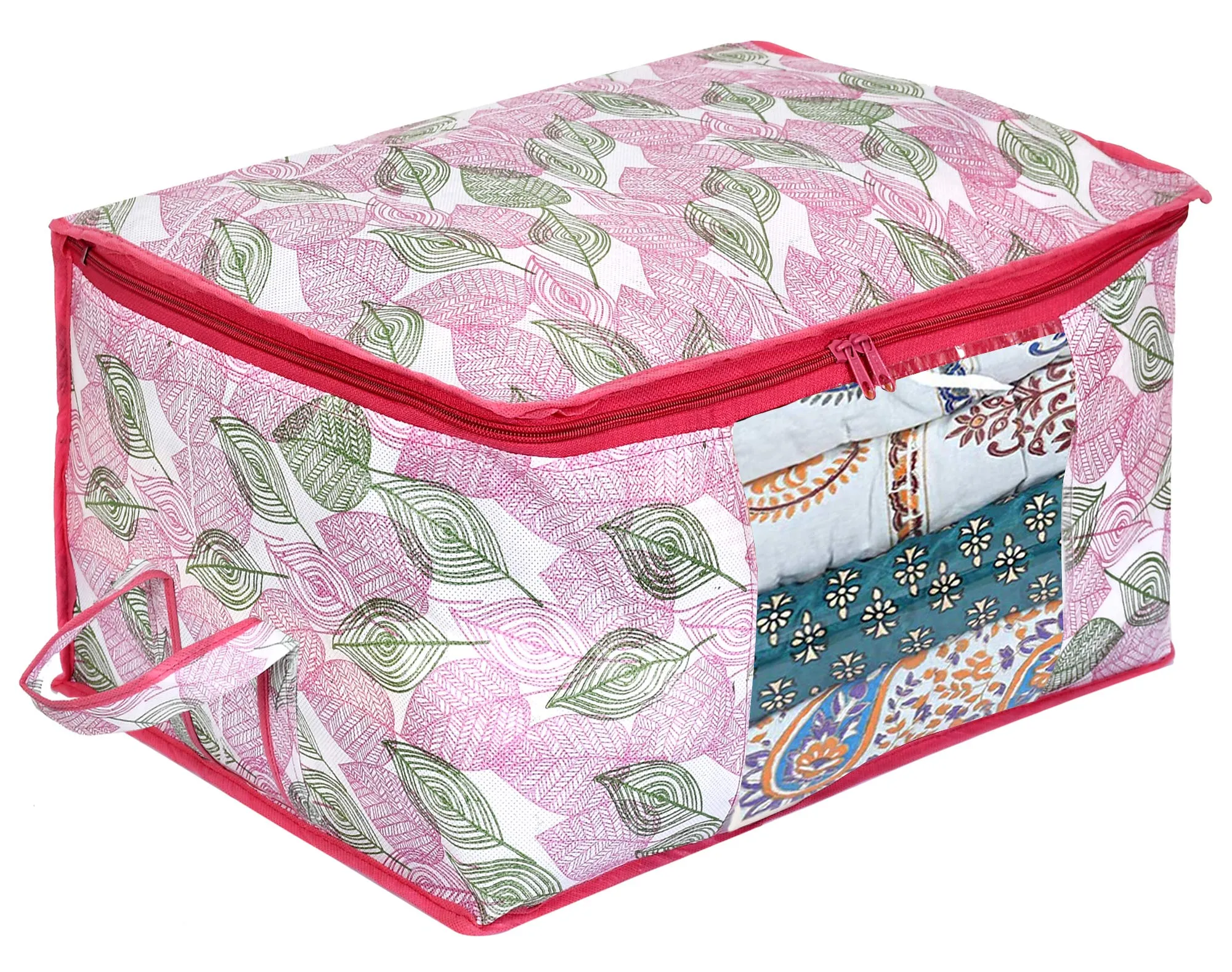 Kuber Industries Metalic Leafy,Checkered Print Non Woven 6 Pieces Underbed Storage Bag,Cloth Organiser,Blanket Cover with Transparent Window (Ivory & Pink)-KUBMART16645