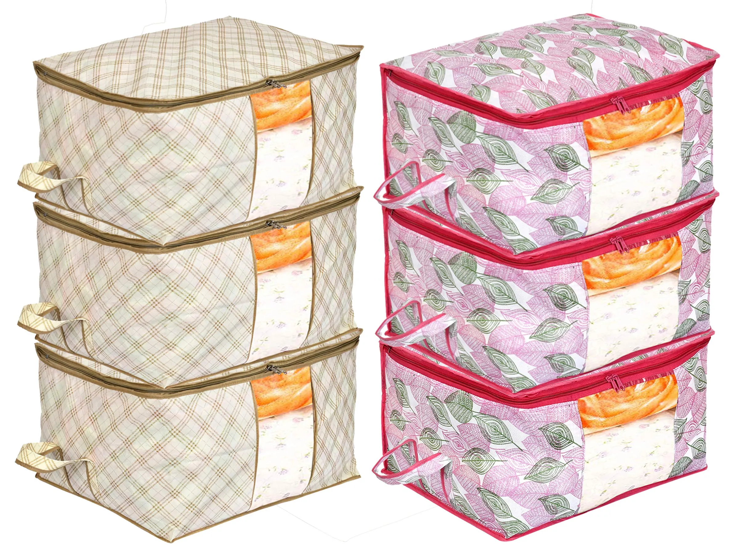 Kuber Industries Metalic Leafy,Checkered Print Non Woven 6 Pieces Underbed Storage Bag,Cloth Organiser,Blanket Cover with Transparent Window (Ivory & Pink)-KUBMART16645