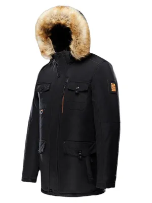 Mens Thicken Multi Pocket Faux Fur Collar Hooded Windproof Warm Mid-Length Coats